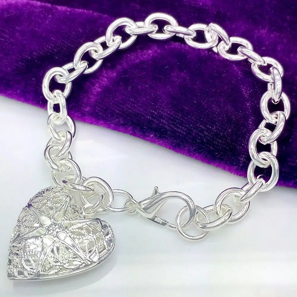 DOTEFFIL 925 Sterling Silver 24K Gold Heart Shape Photo Frame Pendant Bracelet For Woman Charm Wedding Engagement Party Jewelry