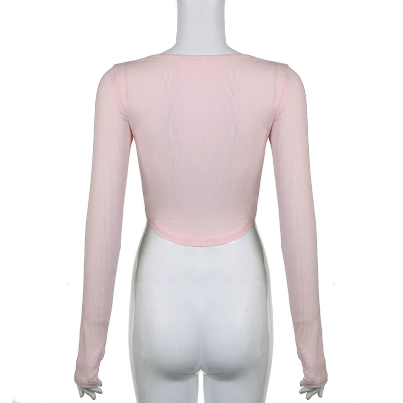 Darlingaga Coquette Pink Knit Autumn Tee Shirt Women Lace Trim Slim Korean Tops Short Front Tie-Up Cutecore Sweet T shirt Kawaii