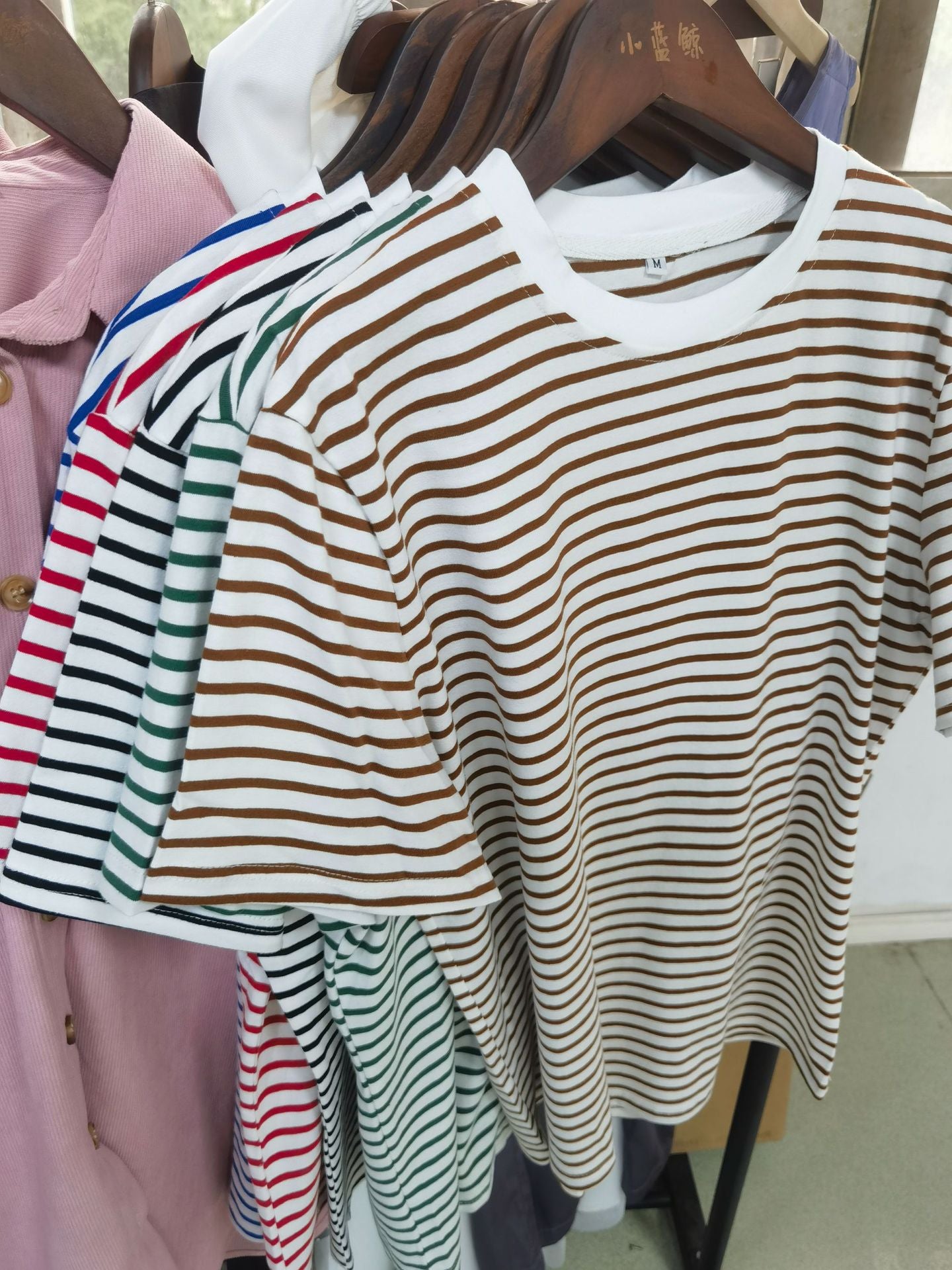 New Versatile Simple Loose Cotton Crew Neck Striped T-shirt Short Sleeve