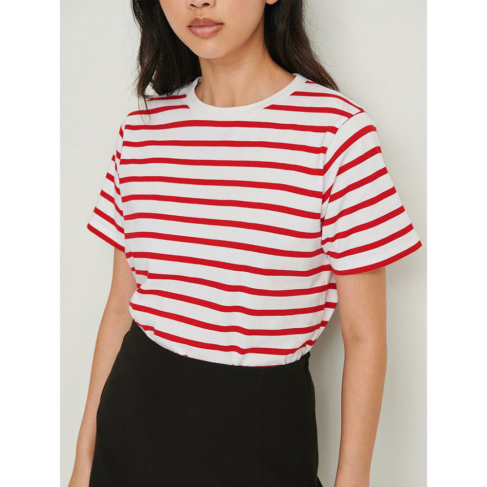 New Versatile Simple Loose Cotton Crew Neck Striped T-shirt Short Sleeve