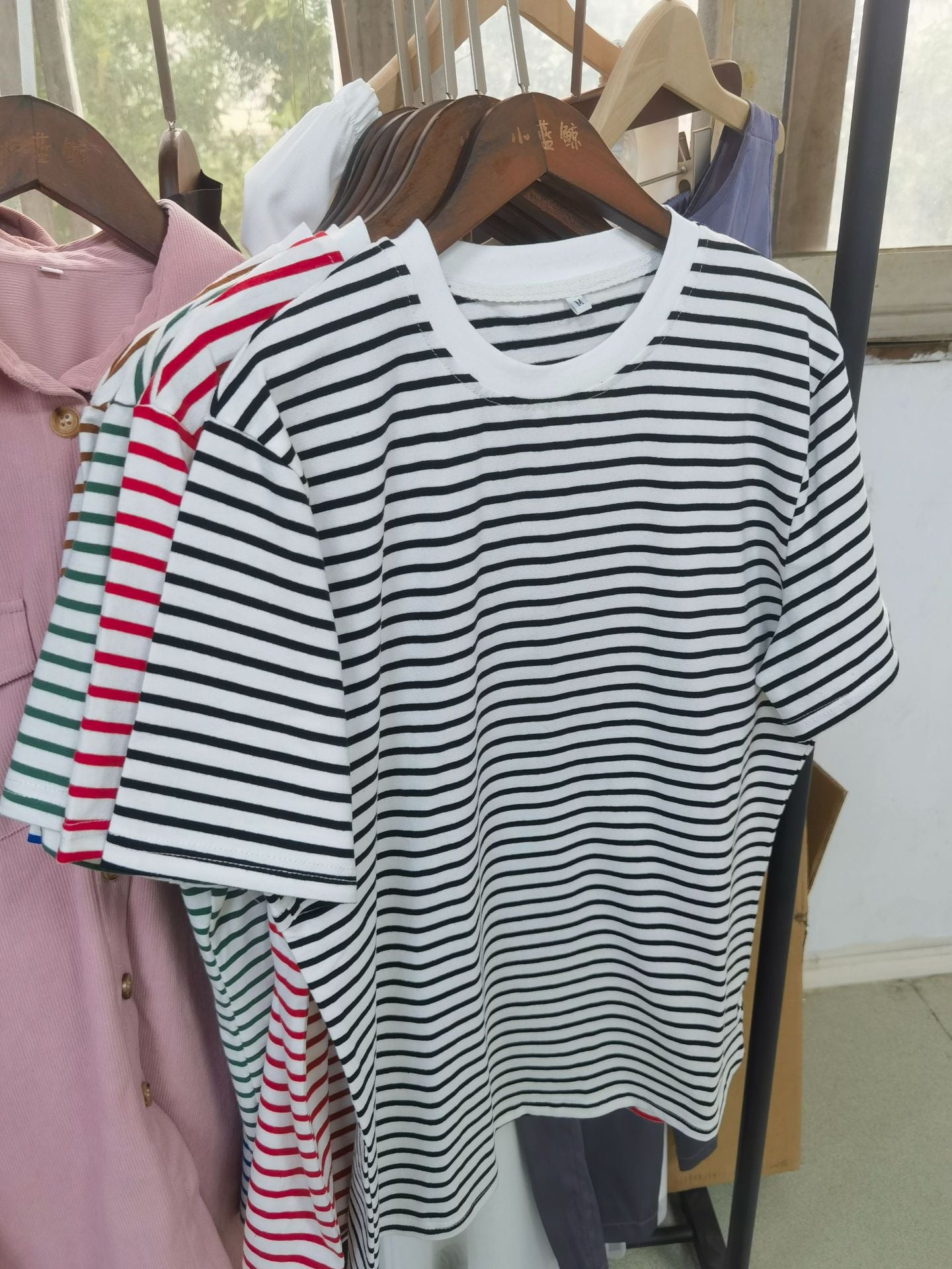 New Versatile Simple Loose Cotton Crew Neck Striped T-shirt Short Sleeve