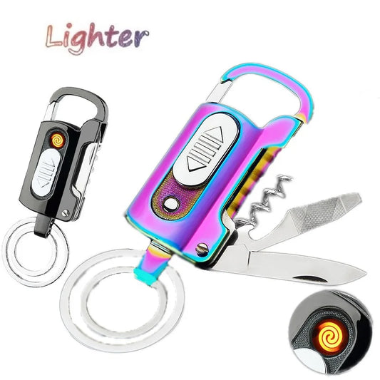Electronic Lighter Keychain Wine Opener Knife Flashlight Slotted Screwdriver Multifunctional Metal Windproof Lighter Gadget