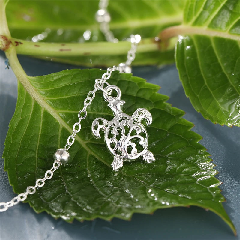 17KM Summer Beach Silver Color Turtle Shaped Anklets For Women Hollow Animal Beaded Anklet Bracelet On the Leg Foot Jewelry