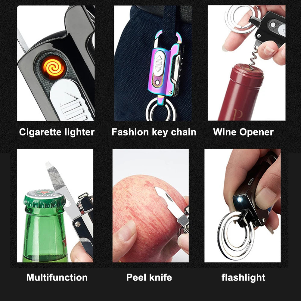 Electronic Lighter Keychain Wine Opener Knife Flashlight Slotted Screwdriver Multifunctional Metal Windproof Lighter Gadget