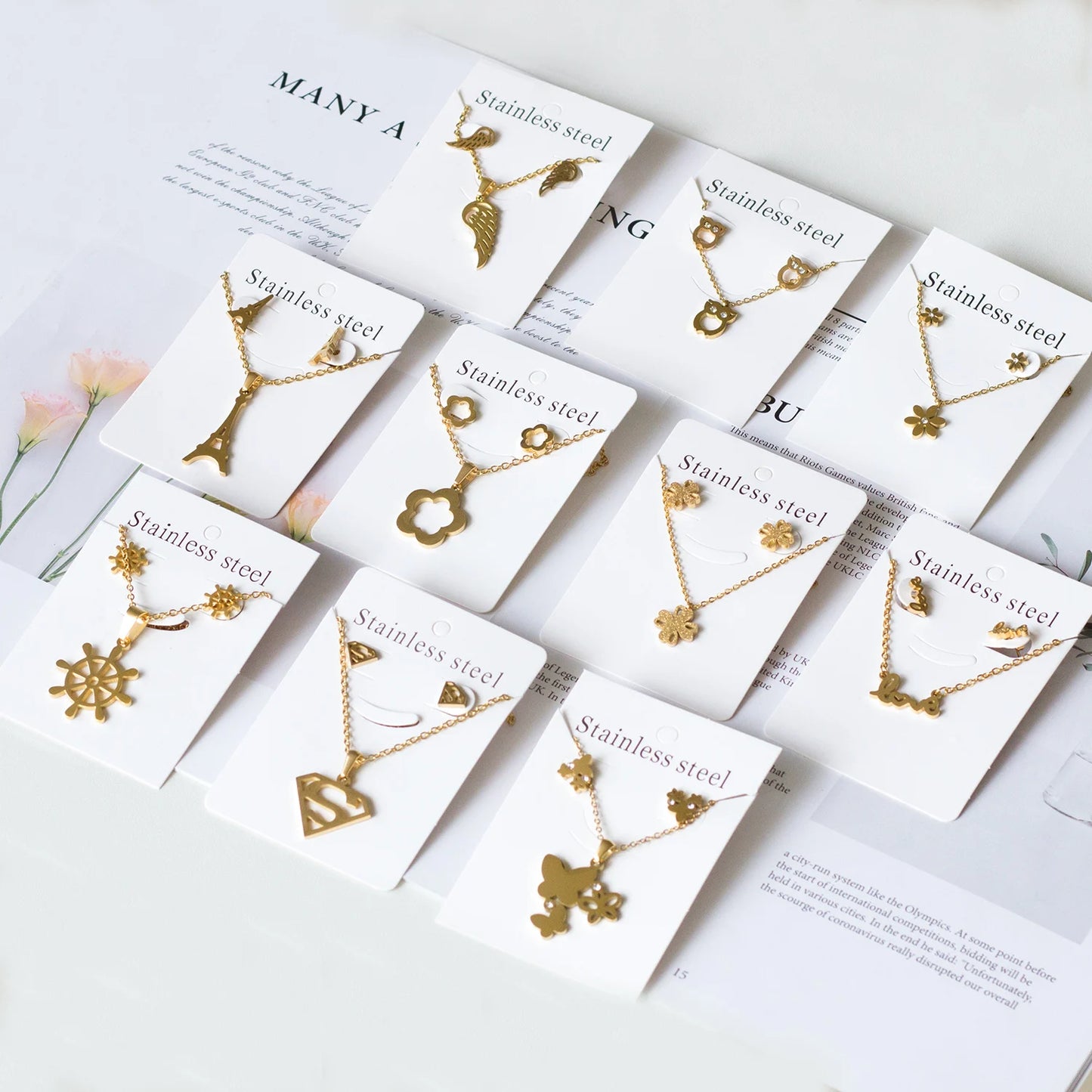 Necklace Earrings Jewelry Sets for Women Flowers Butterfly Cross Stainless Steel 18K Gold Plated 2023 Trendy Wholesale Adornment