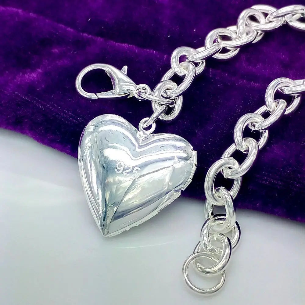 DOTEFFIL 925 Sterling Silver 24K Gold Heart Shape Photo Frame Pendant Bracelet For Woman Charm Wedding Engagement Party Jewelry