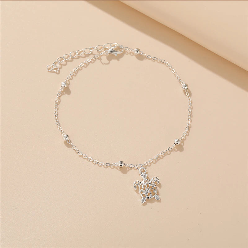 17KM Summer Beach Silver Color Turtle Shaped Anklets For Women Hollow Animal Beaded Anklet Bracelet On the Leg Foot Jewelry