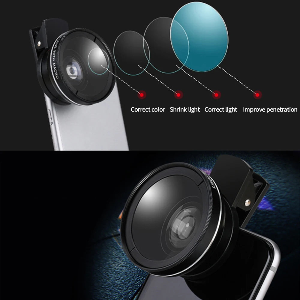 2 in 1 0.45X 49uv Wide Angle Lens 15X Macro Lenses Close Range Mobile Phone Lens HD Camera Lens Universal Clip for Smartphone