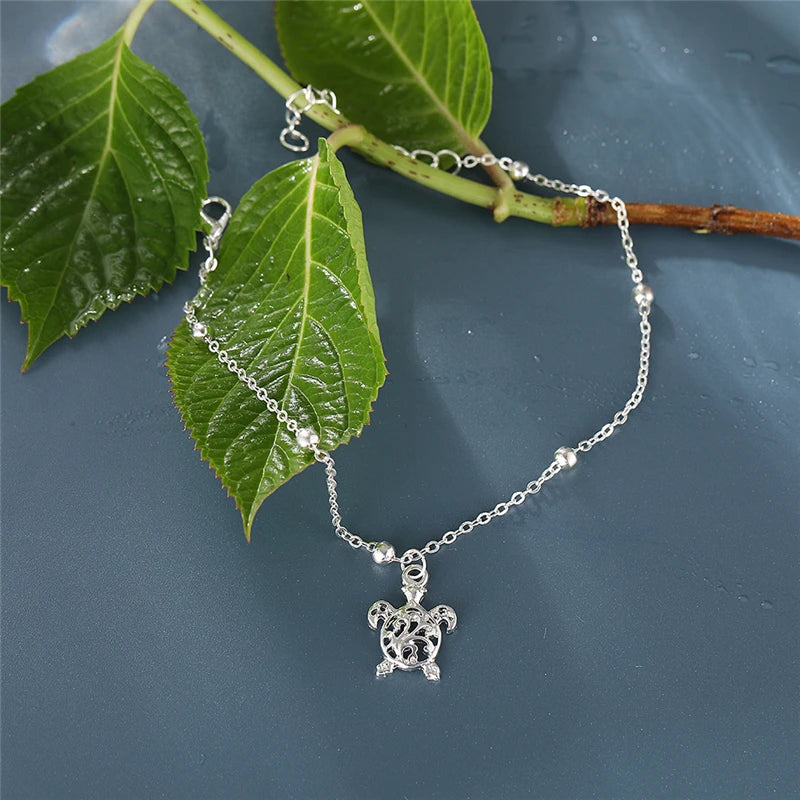 17KM Summer Beach Silver Color Turtle Shaped Anklets For Women Hollow Animal Beaded Anklet Bracelet On the Leg Foot Jewelry