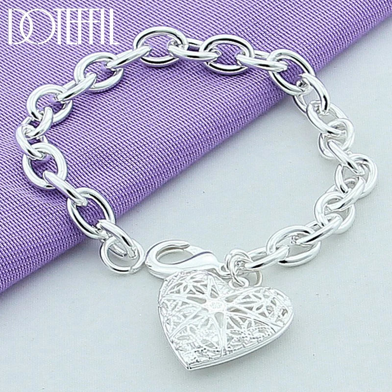 DOTEFFIL 925 Sterling Silver 24K Gold Heart Shape Photo Frame Pendant Bracelet For Woman Charm Wedding Engagement Party Jewelry