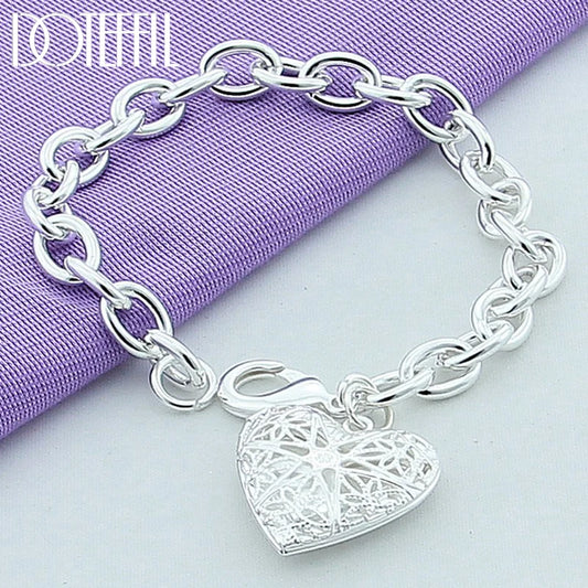 DOTEFFIL 925 Sterling Silver 24K Gold Heart Shape Photo Frame Pendant Bracelet For Woman Charm Wedding Engagement Party Jewelry