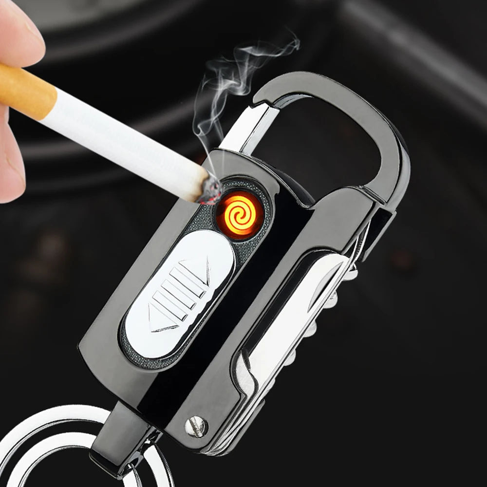 Electronic Lighter Keychain Wine Opener Knife Flashlight Slotted Screwdriver Multifunctional Metal Windproof Lighter Gadget