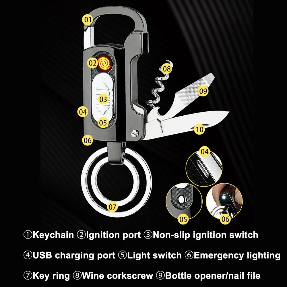 Electronic Lighter Keychain Wine Opener Knife Flashlight Slotted Screwdriver Multifunctional Metal Windproof Lighter Gadget