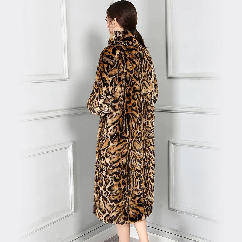 Nerazzurri High Quality European Fashion Long Thick Warm Faux Fur Leopard Coat Women Stand Collar Female Winter Overcoat 5XL 6XL