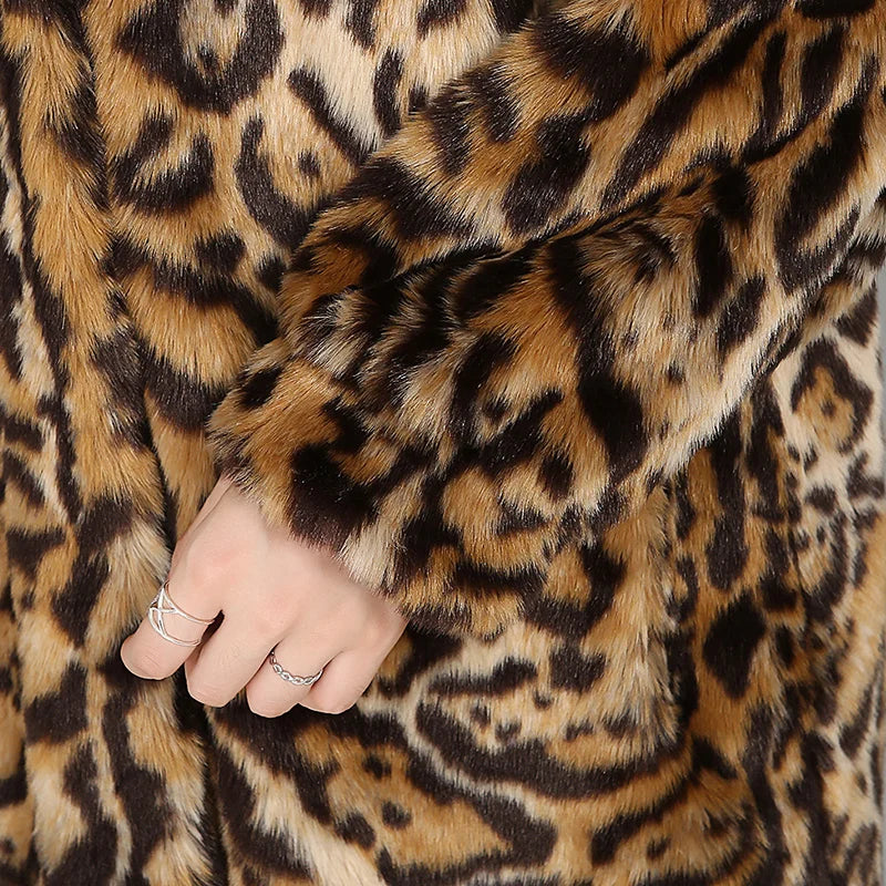 Nerazzurri High Quality European Fashion Long Thick Warm Faux Fur Leopard Coat Women Stand Collar Female Winter Overcoat 5XL 6XL