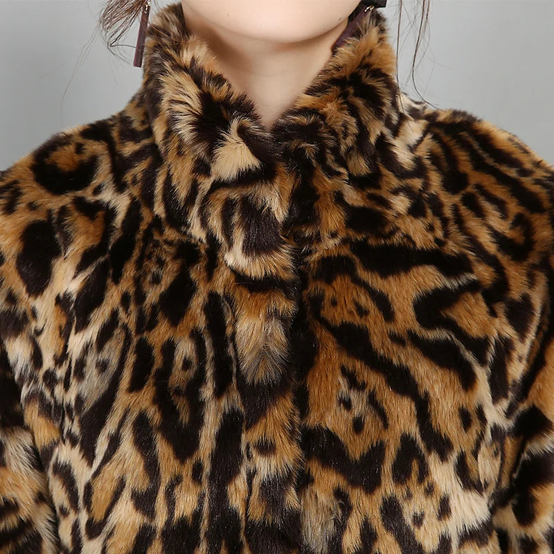 Nerazzurri High Quality European Fashion Long Thick Warm Faux Fur Leopard Coat Women Stand Collar Female Winter Overcoat 5XL 6XL
