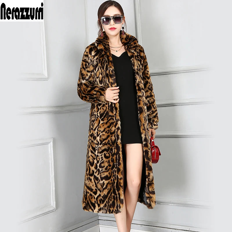 Nerazzurri High Quality European Fashion Long Thick Warm Faux Fur Leopard Coat Women Stand Collar Female Winter Overcoat 5XL 6XL