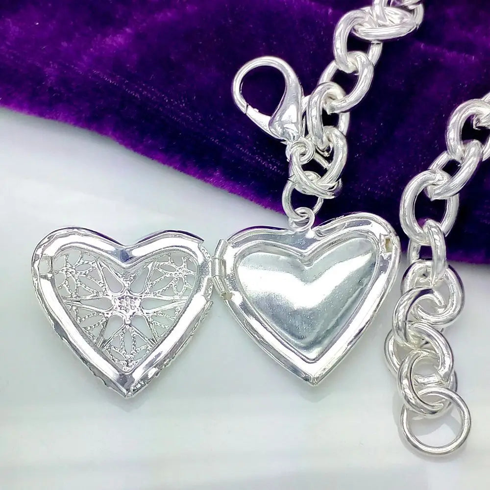 DOTEFFIL 925 Sterling Silver 24K Gold Heart Shape Photo Frame Pendant Bracelet For Woman Charm Wedding Engagement Party Jewelry