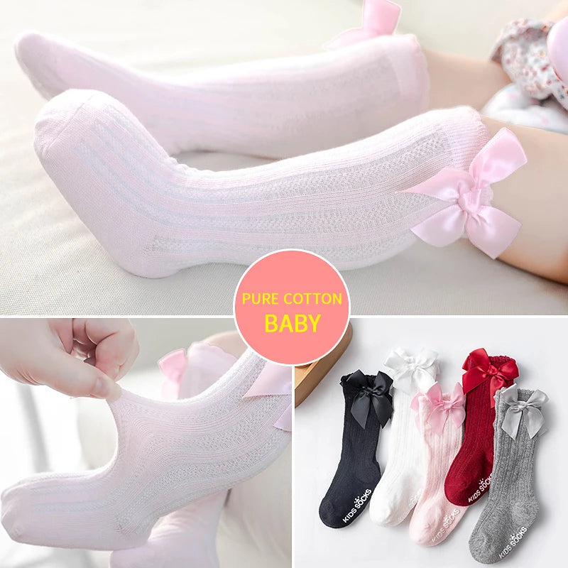 New Kids Socks Toddlers Girls Big Bow Knee High Long Soft Cotton Lace baby Socks Baby Bow knee long socks