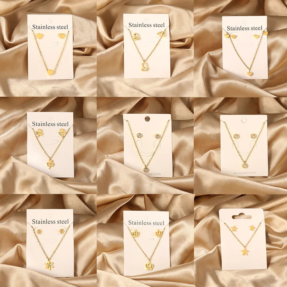 Necklace Earrings Jewelry Sets for Women Flowers Butterfly Cross Stainless Steel 18K Gold Plated 2023 Trendy Wholesale Adornment