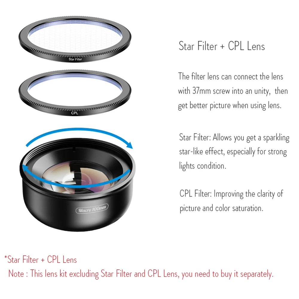 APEXEL 100mm Macro Lens Camera Phone Lens 4K HD Super Macro Lenses CPL Star Filter for iPhonex 13 pro Samsung s9 all smartphone
