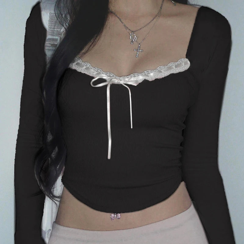 Darlingaga Coquette Pink Knit Autumn Tee Shirt Women Lace Trim Slim Korean Tops Short Front Tie-Up Cutecore Sweet T shirt Kawaii