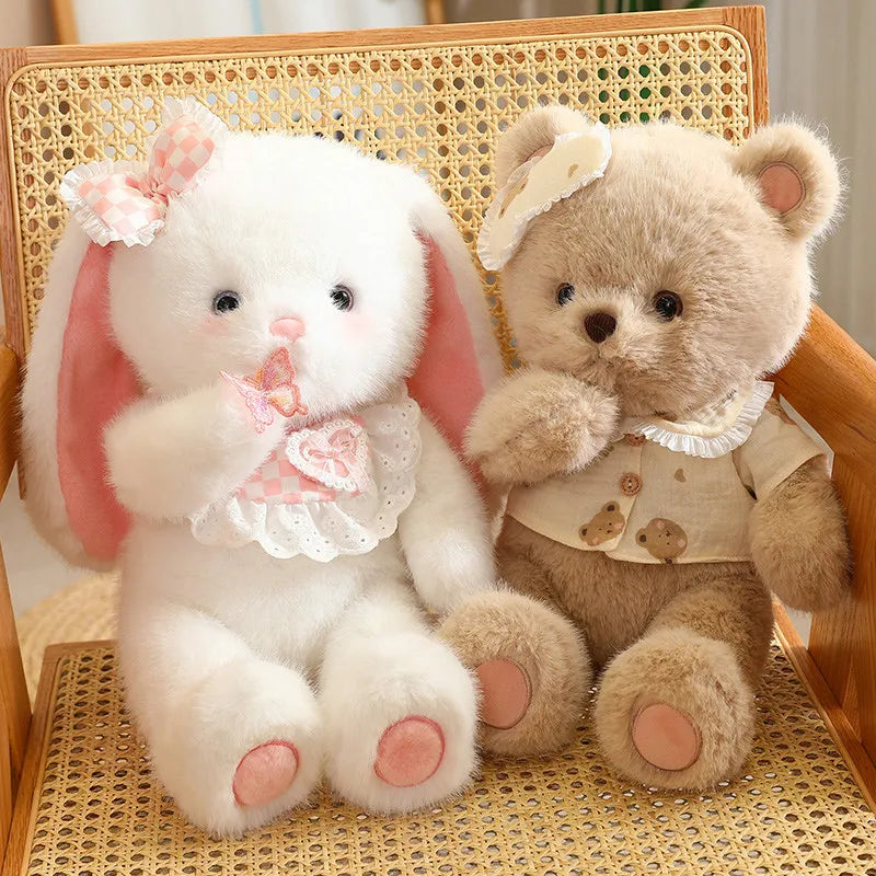Fluffy Plush White Teddy Brown Bear White Baby Bunny Fox With Bib Dress Cute Yummy Stuffed Animals Cuddly Hug toys