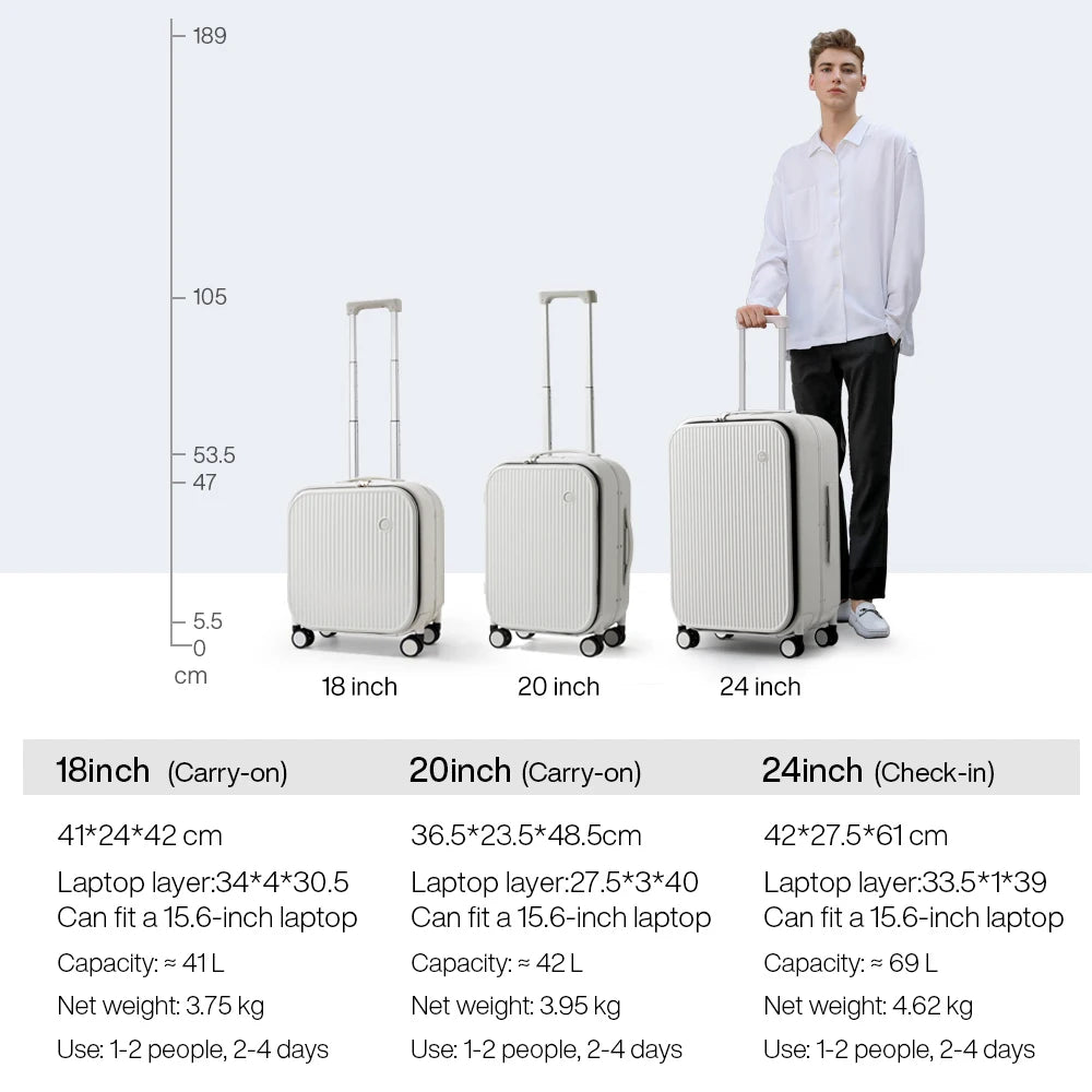 Mixi 2023 New Men 18'' 20''Carry On Suitcase Aluminum Frame Front Laptop Pocket Luggage 100% PC TSA Lock Spinner Wheels
