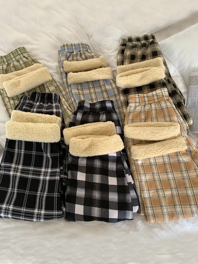 New Autumn Winter Warm Plush Pants Thick Plaid Women Casual Loose Wide Leg Trousers Streetwear Straight Cashmere Pants