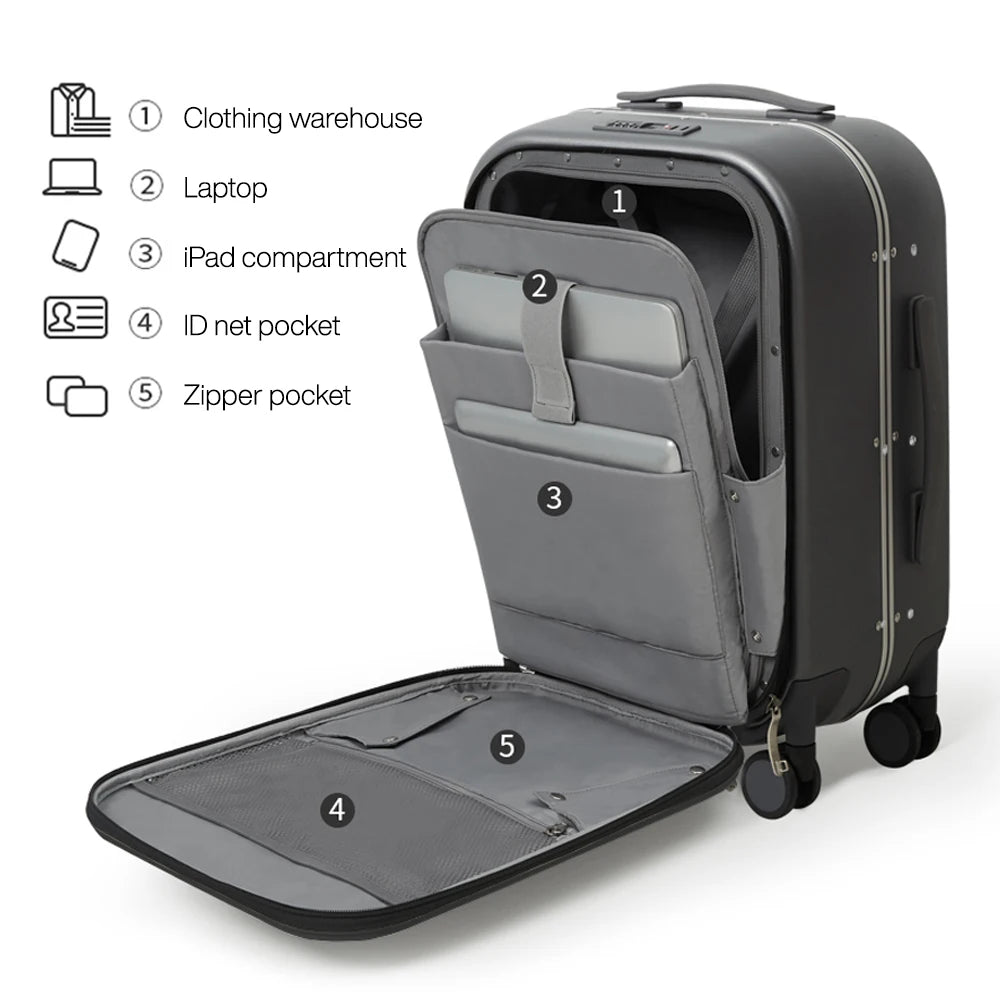 Mixi 2023 New Men 18'' 20''Carry On Suitcase Aluminum Frame Front Laptop Pocket Luggage 100% PC TSA Lock Spinner Wheels