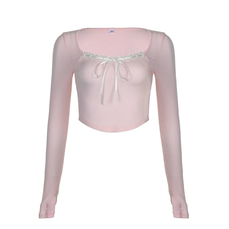 Darlingaga Coquette Pink Knit Autumn Tee Shirt Women Lace Trim Slim Korean Tops Short Front Tie-Up Cutecore Sweet T shirt Kawaii