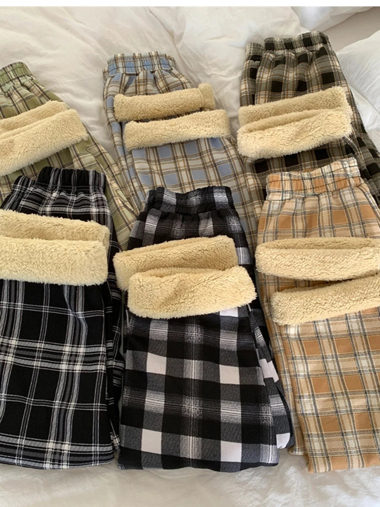 New Autumn Winter Warm Plush Pants Thick Plaid Women Casual Loose Wide Leg Trousers Streetwear Straight Cashmere Pants