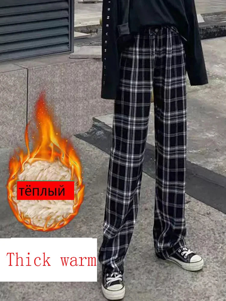 New Autumn Winter Warm Plush Pants Thick Plaid Women Casual Loose Wide Leg Trousers Streetwear Straight Cashmere Pants