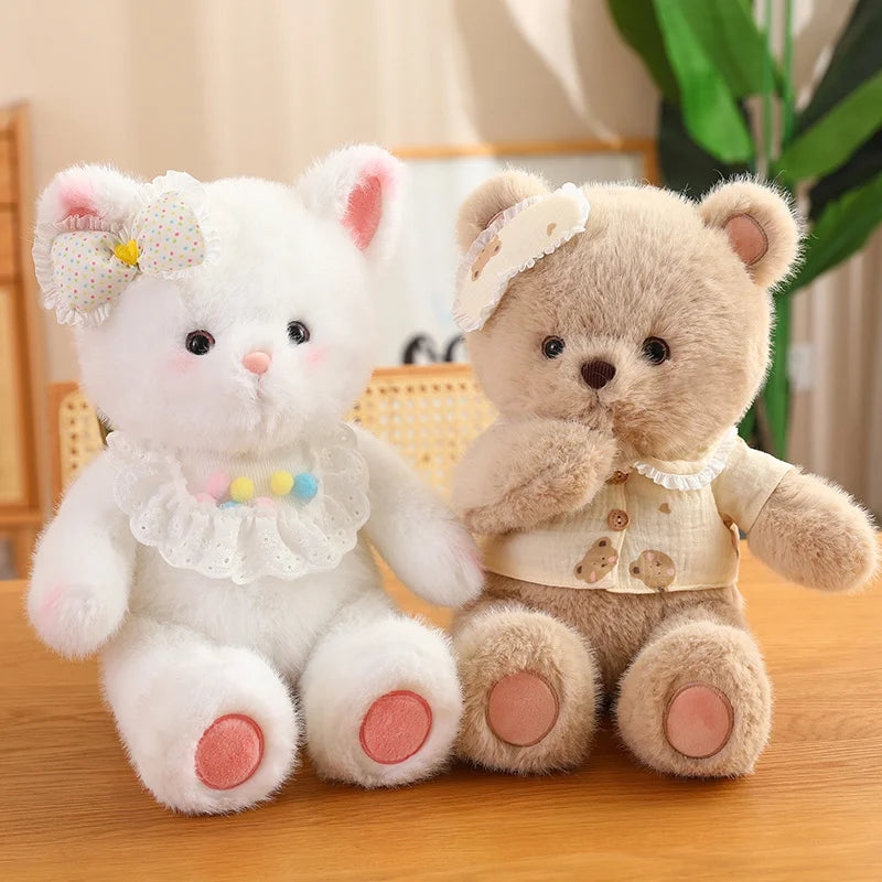 Fluffy Plush White Teddy Brown Bear White Baby Bunny Fox With Bib Dress Cute Yummy Stuffed Animals Cuddly Hug toys