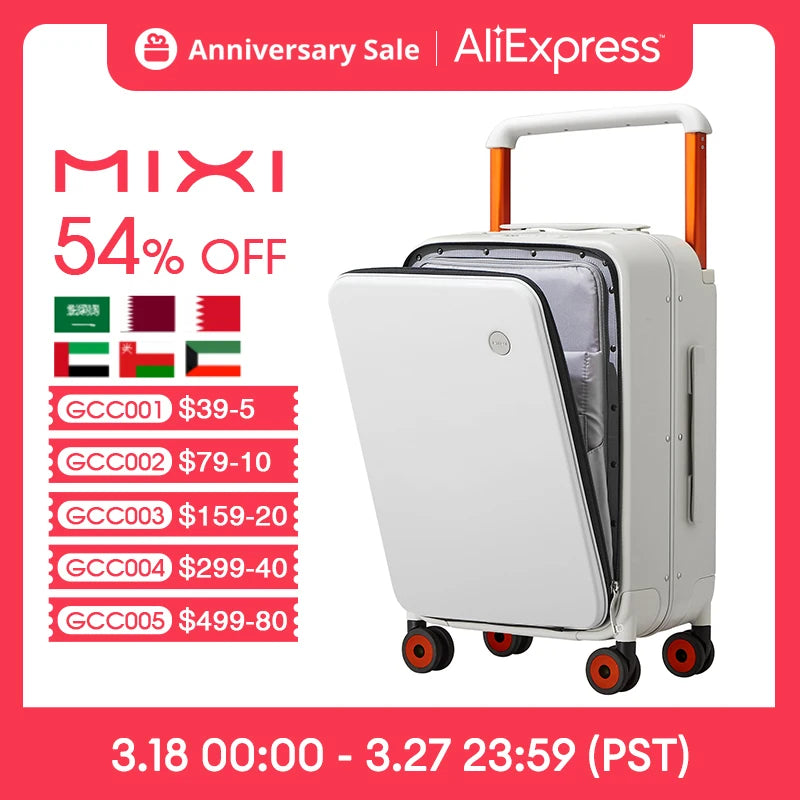 Mixi 2023 New Design Wide Handle Suitcase Men Carry-On Luggage Women Travel Trolley Case 20 Inch Cabin PC Aluminum Frame M9275
