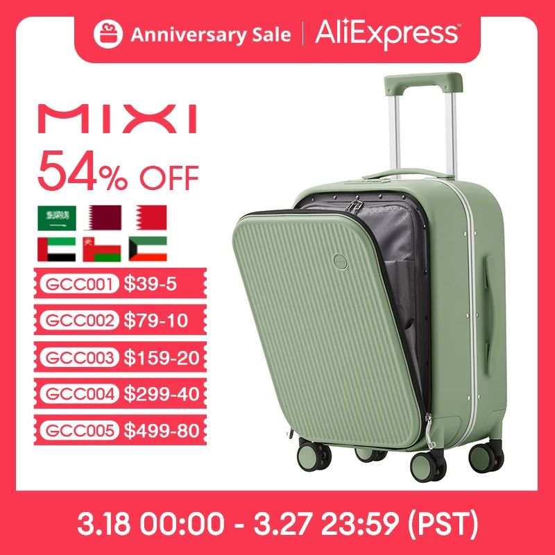 Mixi 2023 New Men 18'' 20''Carry On Suitcase Aluminum Frame Front Laptop Pocket Luggage 100% PC TSA Lock Spinner Wheels