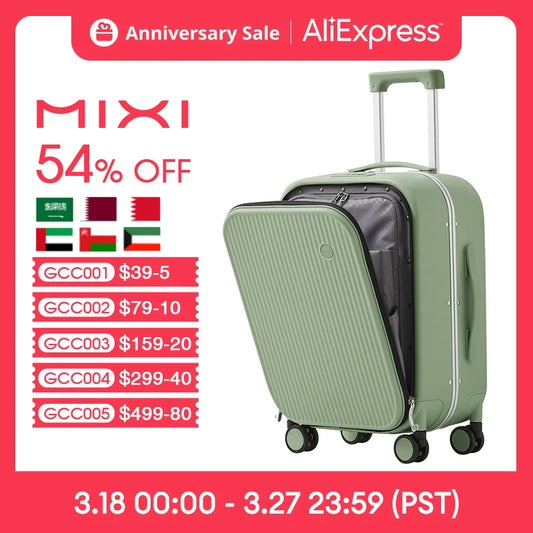 Mixi 2023 New Men 18'' 20''Carry On Suitcase Aluminum Frame Front Laptop Pocket Luggage 100% PC TSA Lock Spinner Wheels