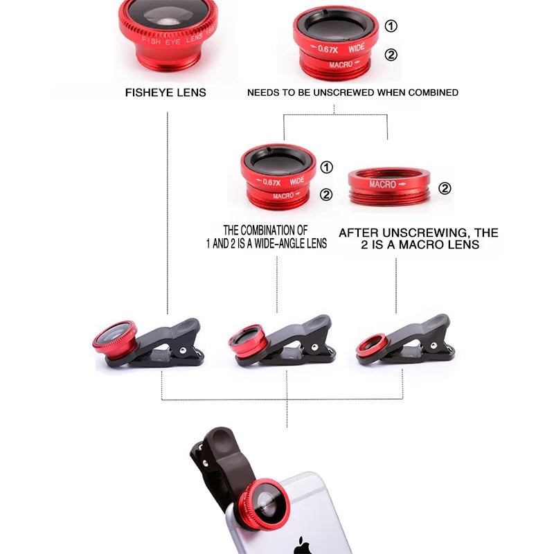 3-in-1 Phone Camera Lens Kit Fisheye Mobile Phone Lenses 0.67X Zoom Wide Angle Macro HD Universal Camera Lens For All Smartphone