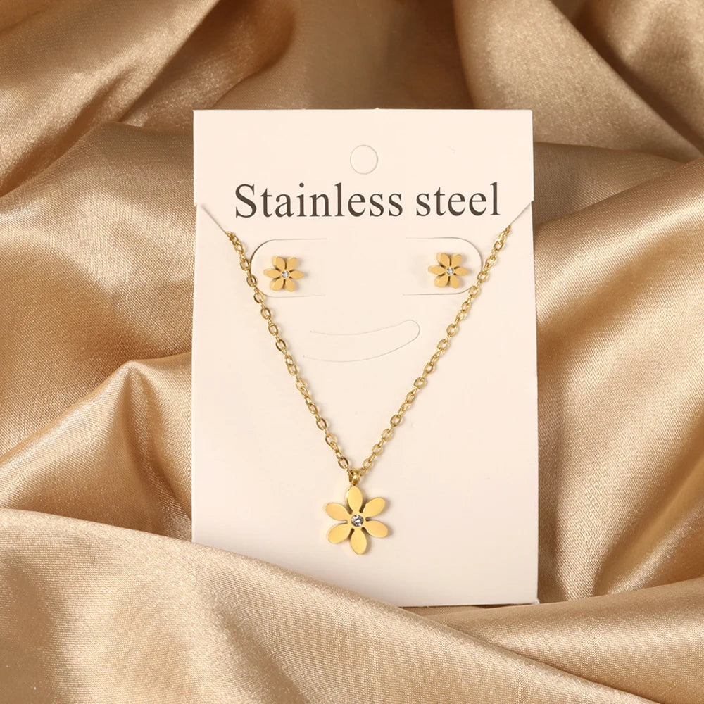 Necklace Earrings Jewelry Sets for Women Flowers Butterfly Cross Stainless Steel 18K Gold Plated 2023 Trendy Wholesale Adornment