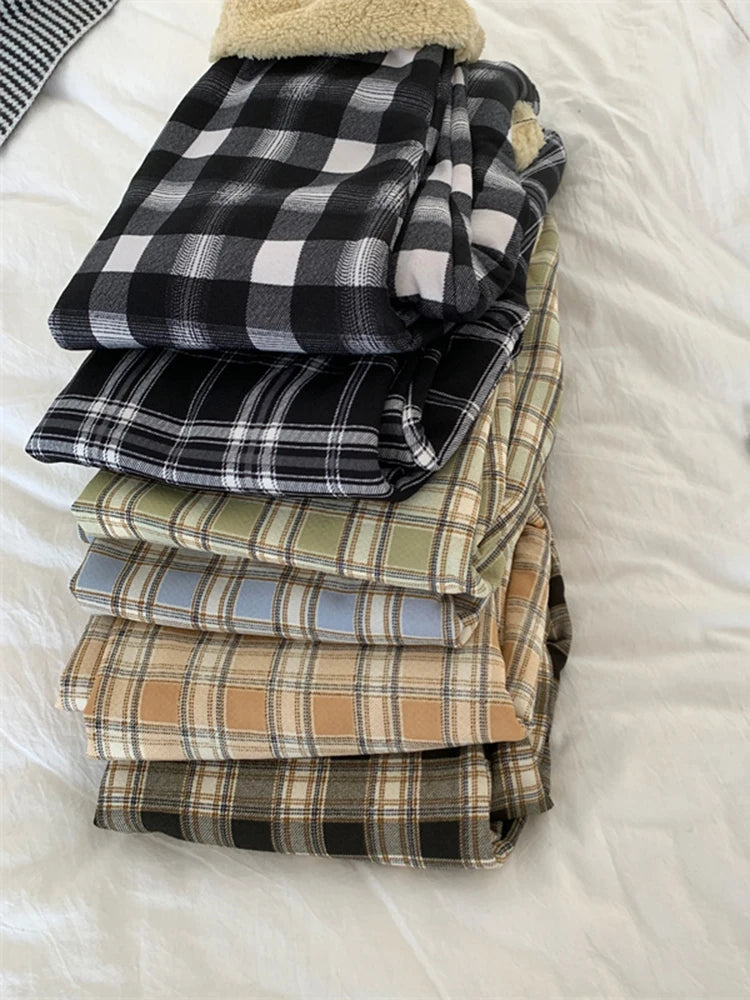 New Autumn Winter Warm Plush Pants Thick Plaid Women Casual Loose Wide Leg Trousers Streetwear Straight Cashmere Pants