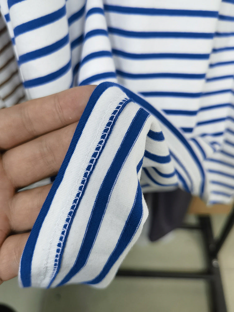 New Versatile Simple Loose Cotton Crew Neck Striped T-shirt Short Sleeve