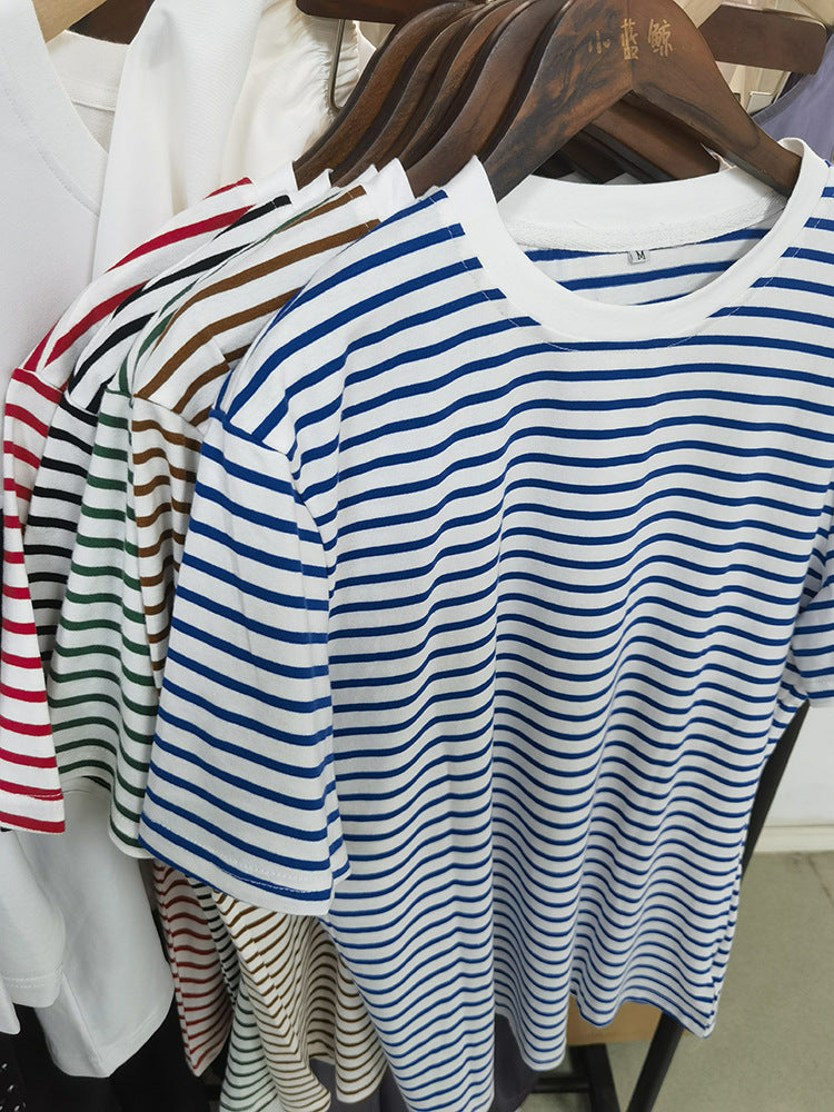 New Versatile Simple Loose Cotton Crew Neck Striped T-shirt Short Sleeve